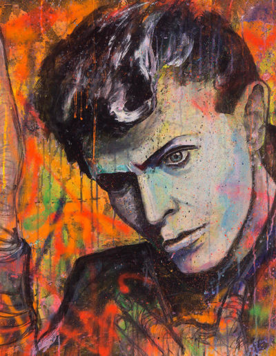 L'artiste peintre Didier Chastan peint le visage de David Bowie dans la série intitulée Légende