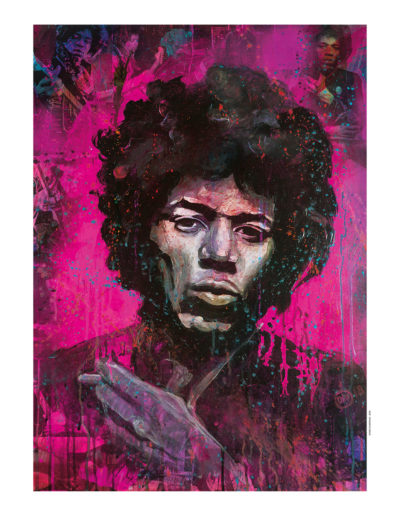 Version rose du portrait de Jimi Hendrix en art numérique sur plexiglas