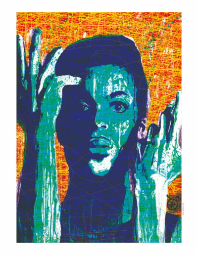 Portrait en art numérique, sur une plaque de plexiglas, représentant Prince
